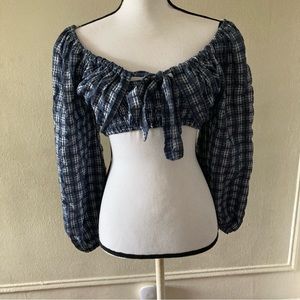 Illa illa tie front balloon sleeve blue white plaid crop top women sz small